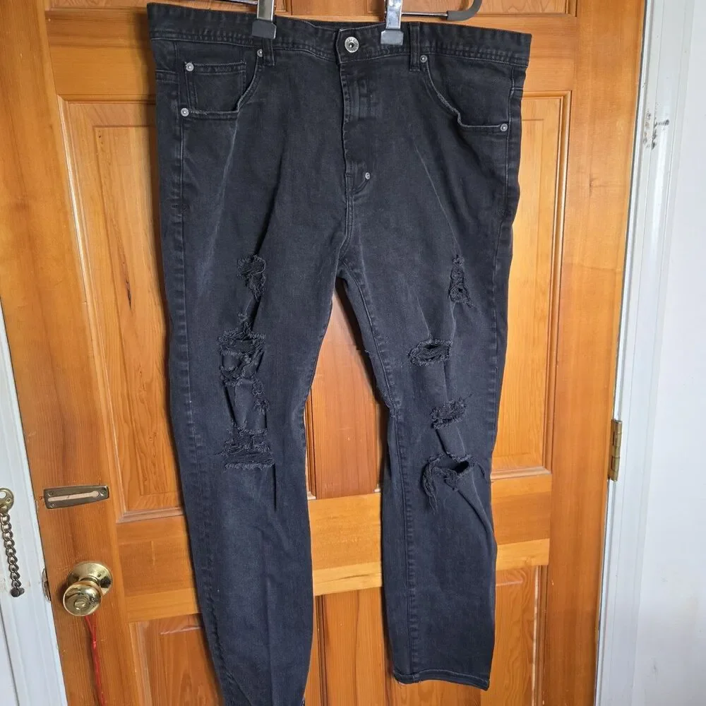 AKOO Distressed Black Denim Jeans Men's Size 40x30 Ripped Designer Streetwear